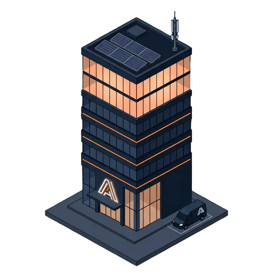 Ilustración de la sede de AAN Solutions entre los negocios de sus clientes