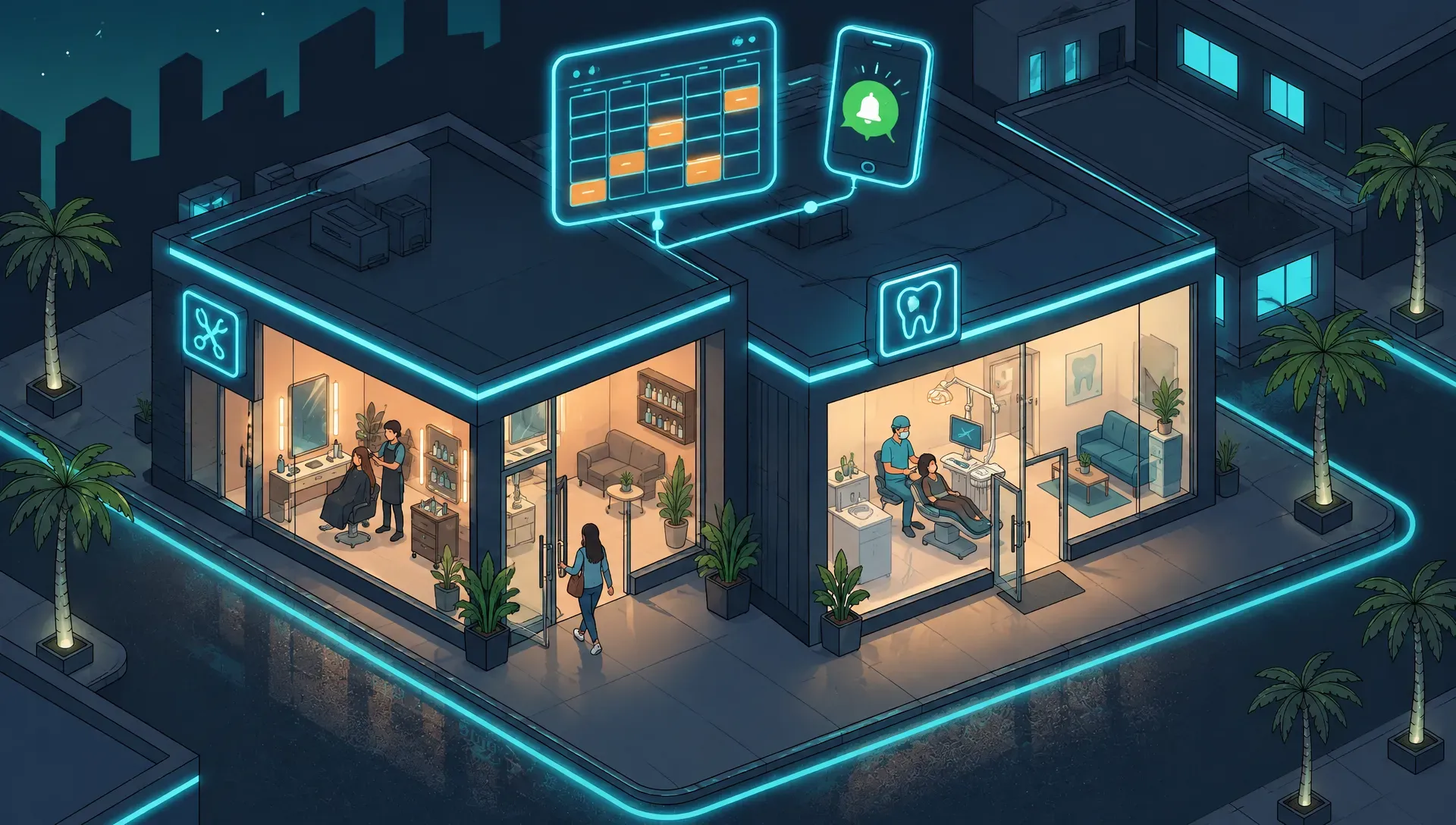 Ilustración de un salón y una clínica con su agenda de citas y un recordatorio en el teléfono