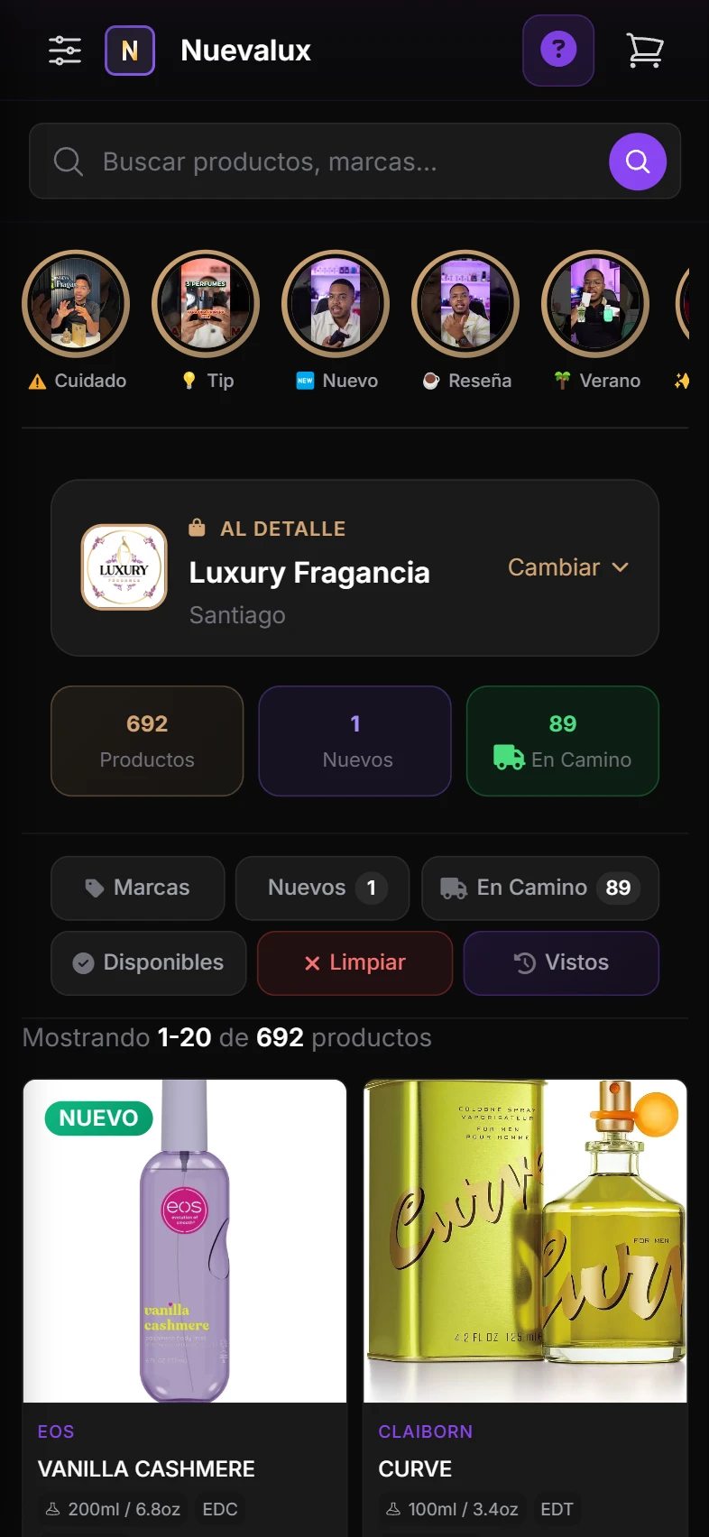 NuevaLux catálogo móvil — header, stories y selector de sucursal