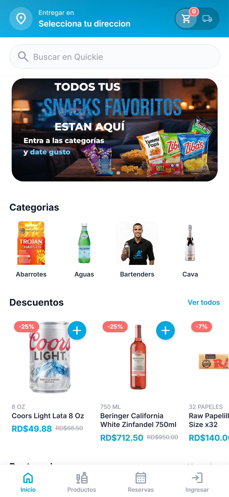 Quickie — banner de snacks, categorías y descuentos